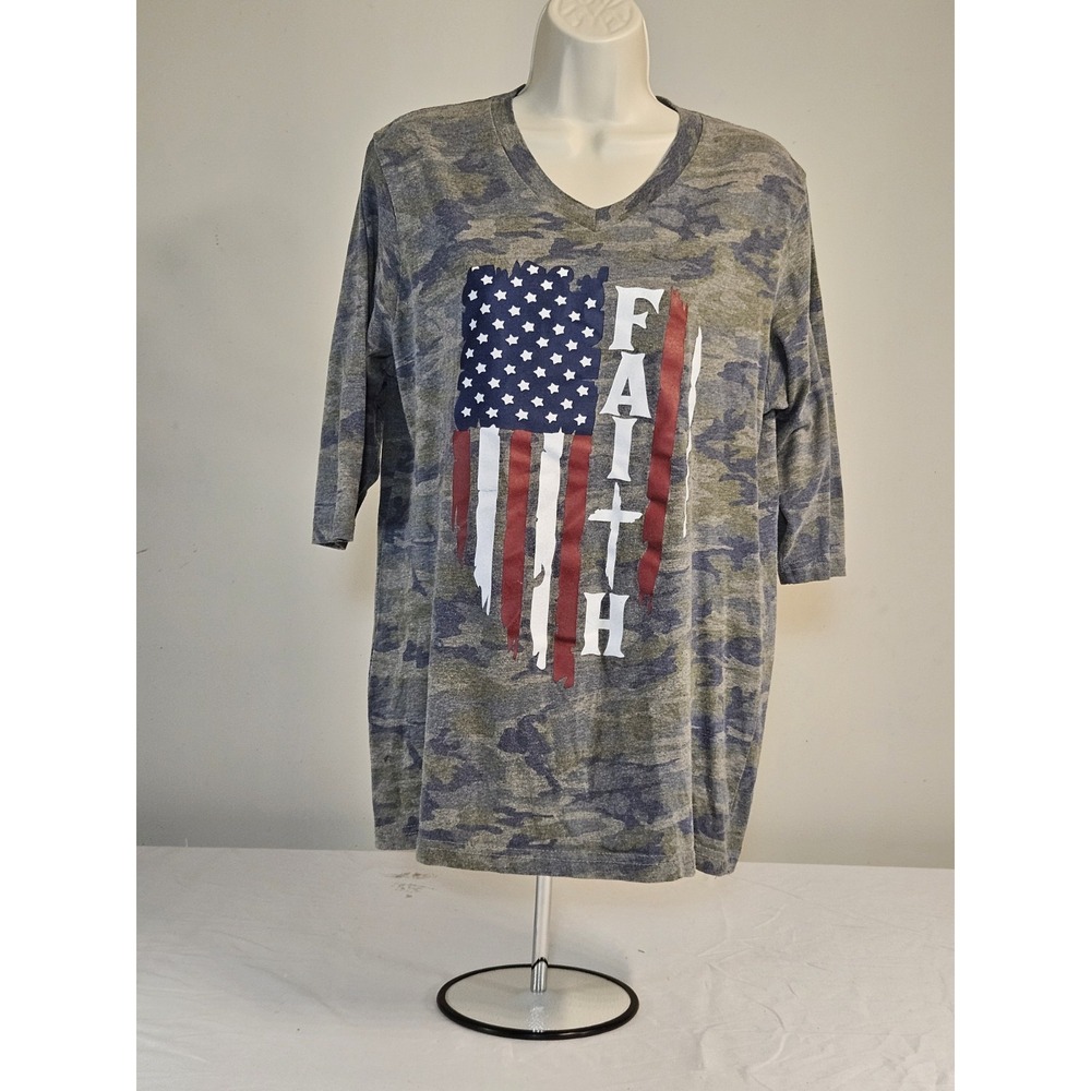 Faith American Flag‎ Camo V-Neck Tee 3/4 Sleeve Patriotic Camouflage Top Womens